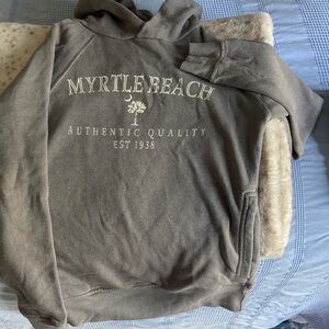 Valani Myrtle Beach Hooded Pullover Sweatshirt - Taupe with Cream Print
